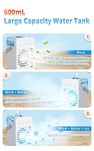 Portable Air Conditioners Fan, 600ml Water Tank Personal Mini Air Conditioners with 4 Wind Speeds, 2-6H Timer USB Evaporative Air Cooler Fan with LED Light for Home Office Bedroom Kitchen