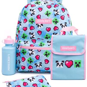 Minecraft Backpack and Lunch Box Set for Girls | Kids 4 Piece Creeper Panda Hearts Blue School Rucksack, Lunch Bag, Pencil Case, Water Bottle One Size, Blue, One Size, Rucksack Backpacks