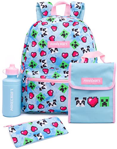 Minecraft Backpack and Lunch Box Set for Girls | Kids 4 Piece Creeper Panda Hearts Blue School Rucksack, Lunch Bag, Pencil Case, Water Bottle One Size, Blue, One Size, Rucksack Backpacks