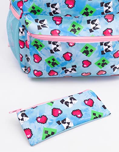 Minecraft Backpack and Lunch Box Set for Girls | Kids 4 Piece Creeper Panda Hearts Blue School Rucksack, Lunch Bag, Pencil Case, Water Bottle One Size, Blue, One Size, Rucksack Backpacks