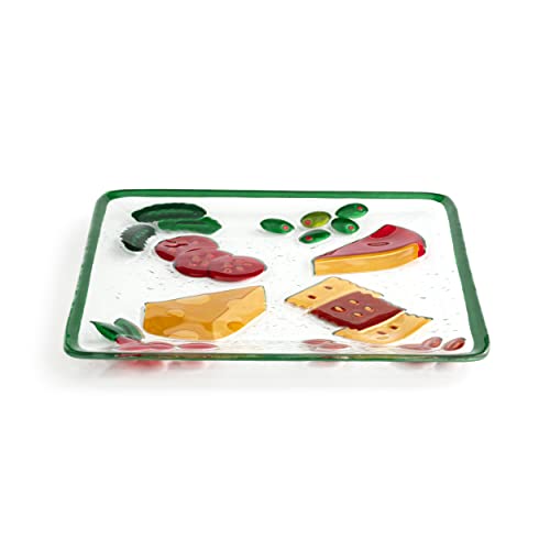 DEMDACO Cheese Charcuterie Olives Vibrant Green 13 inch Glass Square Platter