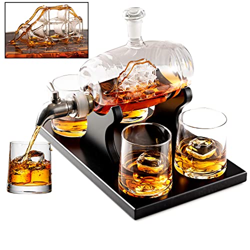 Whiskey Decanter Barrel Gift Set - Liquor Dispenser Whiskey Gifts for Men - Ship in a Bottle Whiskey Decanter Set - 4 Whiskey Glasses for Men - 1000ml Whiskey Barrel Bourbon Gifts for Men - Bezrat