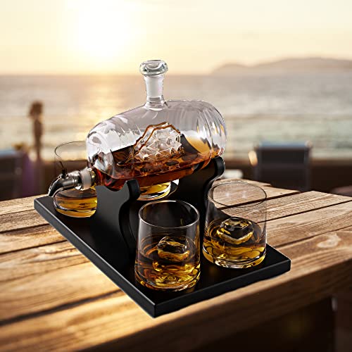 Whiskey Decanter Barrel Gift Set - Liquor Dispenser Whiskey Gifts for Men - Ship in a Bottle Whiskey Decanter Set - 4 Whiskey Glasses for Men - 1000ml Whiskey Barrel Bourbon Gifts for Men - Bezrat