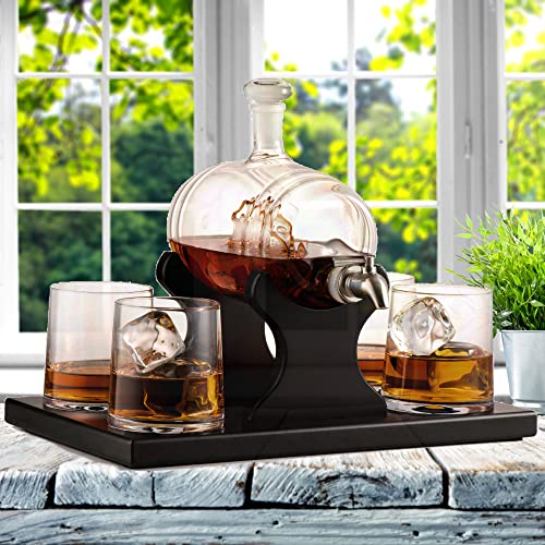 Whiskey Decanter Barrel Gift Set - Liquor Dispenser Whiskey Gifts for Men - Ship in a Bottle Whiskey Decanter Set - 4 Whiskey Glasses for Men - 1000ml Whiskey Barrel Bourbon Gifts for Men - Bezrat