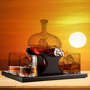 Whiskey Decanter Barrel Gift Set - Liquor Dispenser Whiskey Gifts for Men - Ship in a Bottle Whiskey Decanter Set - 4 Whiskey Glasses for Men - 1000ml Whiskey Barrel Bourbon Gifts for Men - Bezrat