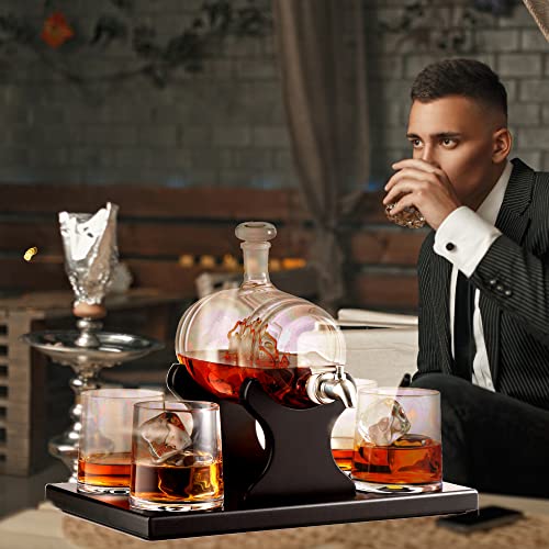 Whiskey Decanter Barrel Gift Set - Liquor Dispenser Whiskey Gifts for Men - Ship in a Bottle Whiskey Decanter Set - 4 Whiskey Glasses for Men - 1000ml Whiskey Barrel Bourbon Gifts for Men - Bezrat