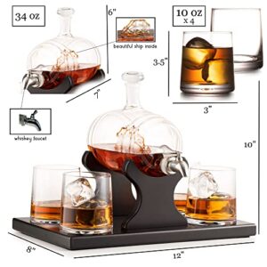 Whiskey Decanter Barrel Gift Set - Liquor Dispenser Whiskey Gifts for Men - Ship in a Bottle Whiskey Decanter Set - 4 Whiskey Glasses for Men - 1000ml Whiskey Barrel Bourbon Gifts for Men - Bezrat