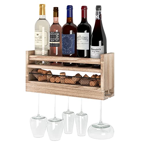 YouHaveSpace Barrel Wall Mounted Wood Wine and Glass Rack with Wire Cork Storage, Hanging Wine Rack for Kitchen, Living Room, Dining Room, Light Burnt Natural