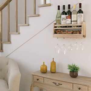 YouHaveSpace Barrel Wall Mounted Wood Wine and Glass Rack with Wire Cork Storage, Hanging Wine Rack for Kitchen, Living Room, Dining Room, Light Burnt Natural