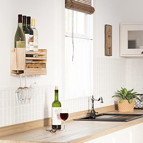 YouHaveSpace Barrel Wall Mounted Wood Wine and Glass Rack with Wire Cork Storage, Hanging Wine Rack for Kitchen, Living Room, Dining Room, Light Burnt Natural