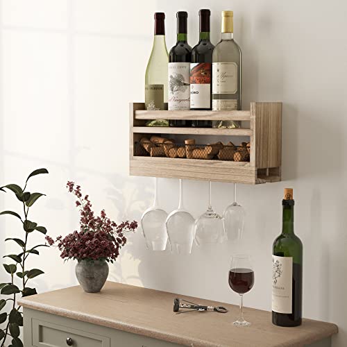 YouHaveSpace Barrel Wall Mounted Wood Wine and Glass Rack with Wire Cork Storage, Hanging Wine Rack for Kitchen, Living Room, Dining Room, Light Burnt Natural