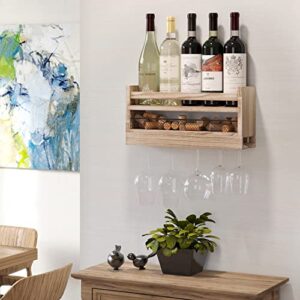 YouHaveSpace Barrel Wall Mounted Wood Wine and Glass Rack with Wire Cork Storage, Hanging Wine Rack for Kitchen, Living Room, Dining Room, Light Burnt Natural