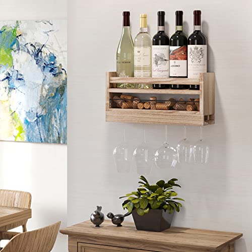 YouHaveSpace Barrel Wall Mounted Wood Wine and Glass Rack with Wire Cork Storage, Hanging Wine Rack for Kitchen, Living Room, Dining Room, Light Burnt Natural