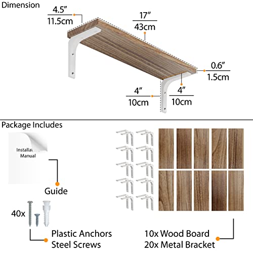 Wallniture Nola Set of 10 Bookshelf Floating Shelves for Wall Storage,Wall Shelf for Living Room, Bedroom, Office, Burnt Finish White Bracket