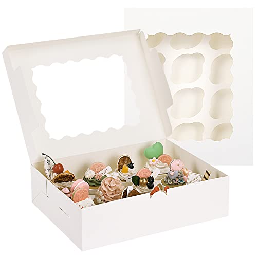 TOMNK 20pcs 13 Inch Cupcake Boxes White Bakery Boxes with Window and Inserts Cupcake Containers 12 Count Bakery Carrier Boxes for Cupcakes Muffins Donuts and Party Favor 13x10x3.5 Inch