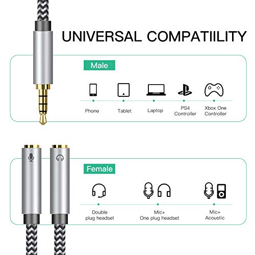 MORELECS Long Headset Splitter Cable 5 ft, 3.5mm Male to 2 Dual 3.5mm Female Headphone Mic Headset Adapter for Gaming Headset to PC, Headphone Splitter with Separate Microphone and Headphone Jack