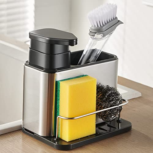 TESOT Sink Caddy Sponge Holder Organizer and Dish Soap Pump Dispenser, Stainless Steel