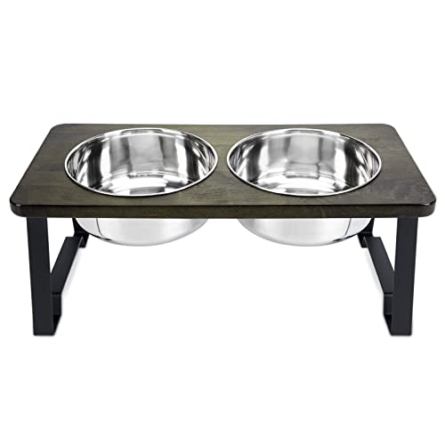 Siooko Elevated Dog Bowls Medium Sized Dog, Wood Raised Dog Bowl Stand with 2 Stainless Steel Dog Bowls, Dog Food Bowl and Dog Water Bowl Non-Slip Feet (6.1" Tall, 40 oz Bowl)
