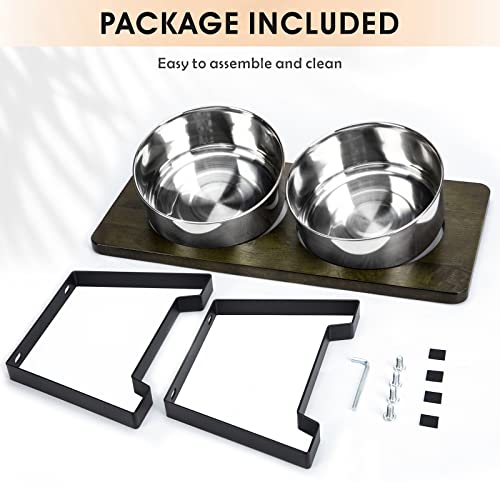 Siooko Elevated Dog Bowls Medium Sized Dog, Wood Raised Dog Bowl Stand with 2 Stainless Steel Dog Bowls, Dog Food Bowl and Dog Water Bowl Non-Slip Feet (6.1" Tall, 40 oz Bowl)