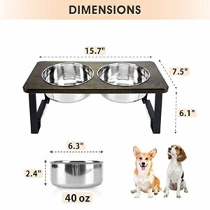 Siooko Elevated Dog Bowls Medium Sized Dog, Wood Raised Dog Bowl Stand with 2 Stainless Steel Dog Bowls, Dog Food Bowl and Dog Water Bowl Non-Slip Feet (6.1" Tall, 40 oz Bowl)