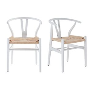 farini dining room chairs wishbone rattan chair solid wood armchairs y shaped backrest hemp seat for home restaurant fully-assembled(set of 2,white-beige seat)