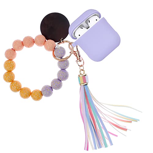 Fycyko Compatible with AirPods Case Silicone Cover with Keychain for Women Girl Cute Leopard Pattern Wood Bracelets Colorful Tassel Keychain Design Purple Case for AirPods 1st& 2nd Generation