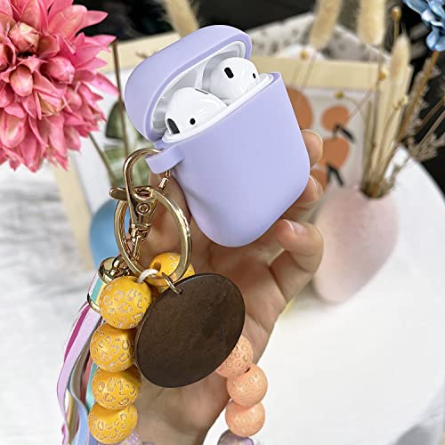 Fycyko Compatible with AirPods Case Silicone Cover with Keychain for Women Girl Cute Leopard Pattern Wood Bracelets Colorful Tassel Keychain Design Purple Case for AirPods 1st& 2nd Generation