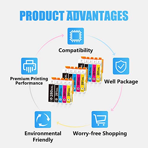 Miss Deer Compatible Ink Cartridge Replacement for Canon 280 281 PGI-280XXL CLI-281XXL Ink for PIXMA TR8520 TR7520 TS6120 TS6220 TS702 TS6100 TS6200 TS9520 TS6320 TS9521C Printer(3 Sets，5 Color)