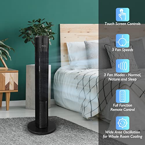 Comfort Zone CZTF361RBK 36" 3-Speed Oscillating Tower Fan with 3 Mode Settings, 7-Hour Timer, and Remote Control, Black