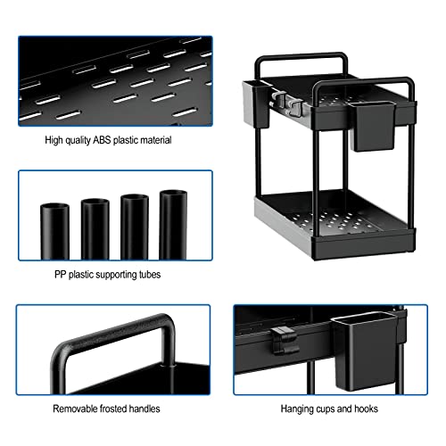 2 Pack Under Sink Organizer, 2 Tier Kitchen Under Sink Cabinet Organizers and Storage with Cups and Hooks, Black Bathroom Under Sink Shelf Organizer Basket, Multi-purpose Under Sink Storage