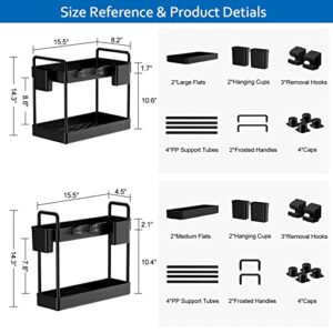 2 Pack Under Sink Organizer, 2 Tier Kitchen Under Sink Cabinet Organizers and Storage with Cups and Hooks, Black Bathroom Under Sink Shelf Organizer Basket, Multi-purpose Under Sink Storage