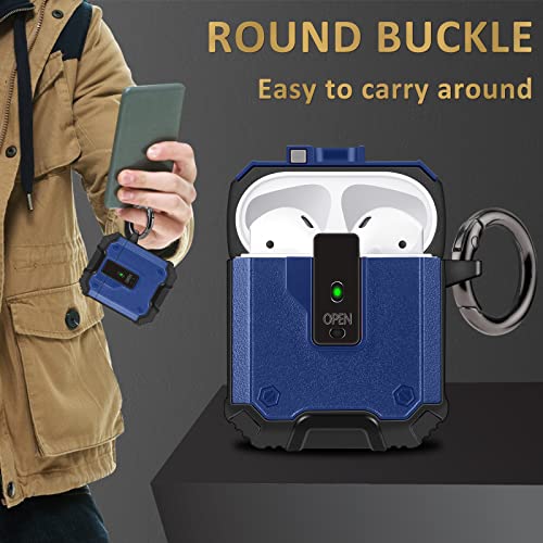 VOFUOE for Airpods Case, AirPods 2nd Generation with Secure Lock Clip Auto Pop-Out Lid Keychain for Men Women, AirPods 1&2 Cover Armor Shockproof Bumper Hard Cases for Apple AirPods 2nd/1st-Navy