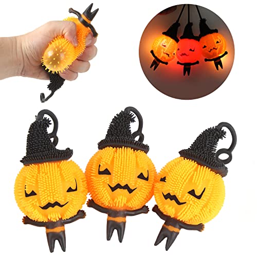 KIMOBER 3pcs Light up Pumpkin Puffer Balls,LED Flash Pumpkin Man Stress Squeezing Balls for Halloween Party Favor Supplies