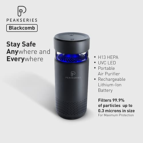 Peakseries Blackcomb Portable Rechargable Cordless HEPA Air Purifier with UVC LED | Travel Size | 2 speed