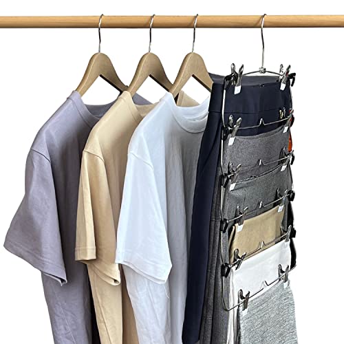 Pant Hangers Space Saving, Homa Jia 4 Pack 6-Tier Skirt Hangers with Clip Multiple Hangers in one Clothes Hangers with Clips Skirts Hangers for Closet Bottom Hangers Metal Pants Hangers with Clips