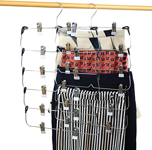 Pant Hangers Space Saving, Homa Jia 4 Pack 6-Tier Skirt Hangers with Clip Multiple Hangers in one Clothes Hangers with Clips Skirts Hangers for Closet Bottom Hangers Metal Pants Hangers with Clips