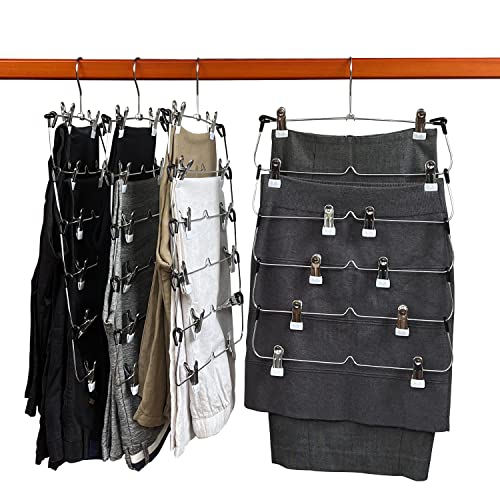 Pant Hangers Space Saving, Homa Jia 4 Pack 6-Tier Skirt Hangers with Clip Multiple Hangers in one Clothes Hangers with Clips Skirts Hangers for Closet Bottom Hangers Metal Pants Hangers with Clips