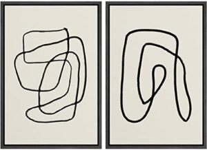 signwin framed wall art print set black lines over tan plain background abstract swirly cozy neutral modern art mid-century modern expressive for living room, bedroom, office - 24"x36"x2 black
