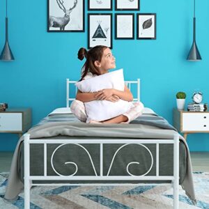 twin bed frames white with storage for girls boys adults, no box spring needed single platform bed duty metal slats support mattress foundation with headboard