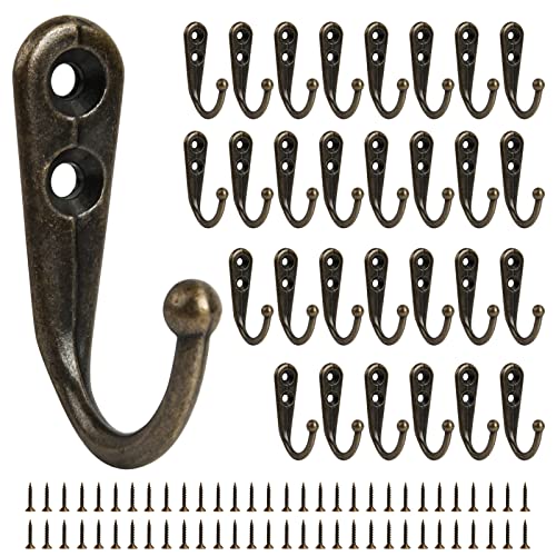 30PCS Bronze Hooks for Hanging Towel, Wall Mounted Coat Hooks Robe Hook with 60 Screws for Bedroom, Entryway, Closet, Kitchen, Office, Small Heavy Duty Hooks, Hat Cup Mug Hooks, Wall Hooks DIY Hook