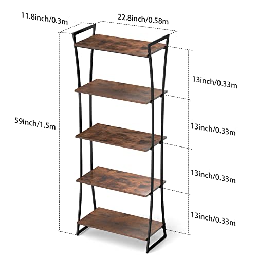 Pabroni Bookshelf Organizer 5-Tier Bookshelf Storage Rack, Rustic Standing Bookcase, Industrial Wood Metal Storage Book Shelves Unit for Home Office, Living Room and Bedroom