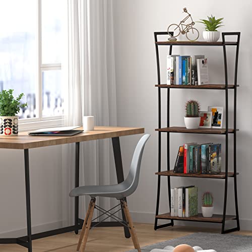 Pabroni Bookshelf Organizer 5-Tier Bookshelf Storage Rack, Rustic Standing Bookcase, Industrial Wood Metal Storage Book Shelves Unit for Home Office, Living Room and Bedroom