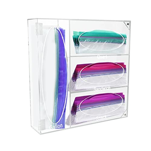 Locisne Acrylic Ziplock Bag Storage Organizer, Baggie Organizer Dispenser for Kitchen Drawer and Wall Mount with Lid