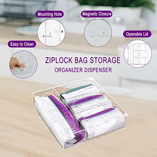 Locisne Acrylic Ziplock Bag Storage Organizer, Baggie Organizer Dispenser for Kitchen Drawer and Wall Mount with Lid