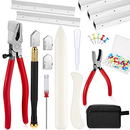 58 Pcs Stained Glass Supplies Glass Cutter Kit Including 8 Pcs Layout Block System 2 Pcs Class Running Breaking and Heavy Duty Glass Cutting Tool 2 Pcs Storage Bag for Stained Glass Cutting Supplies