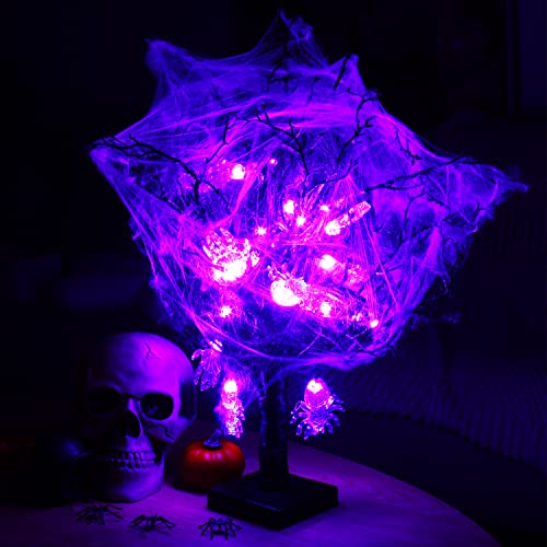 KIMOBER 24 Purple LED Lighted Halloween Tree,Battery Operated Light Up Black Birch Tree with Skeleton Hand Spider Ornaments for Halloween Party,Home Desktop Decorations