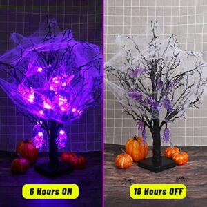 KIMOBER 24 Purple LED Lighted Halloween Tree,Battery Operated Light Up Black Birch Tree with Skeleton Hand Spider Ornaments for Halloween Party,Home Desktop Decorations