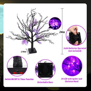 KIMOBER 24 Purple LED Lighted Halloween Tree,Battery Operated Light Up Black Birch Tree with Skeleton Hand Spider Ornaments for Halloween Party,Home Desktop Decorations