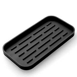 micoyang silicone kitchen sink organizer tray for multiple usage,eco-friendly sponges holder for kitchen bathroom counter or sink,dish soap dispenser,scrubber,bottle,cup (black, 10"×5.3")