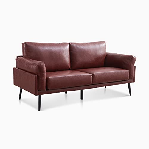 Vonanda Faux Leather Sofa Couch, Mid-Century Handmade with 74 inch Couch with Eucalyptus Frame and Comfortable Cloud Cushion for Compact Living Room or Office, Brown